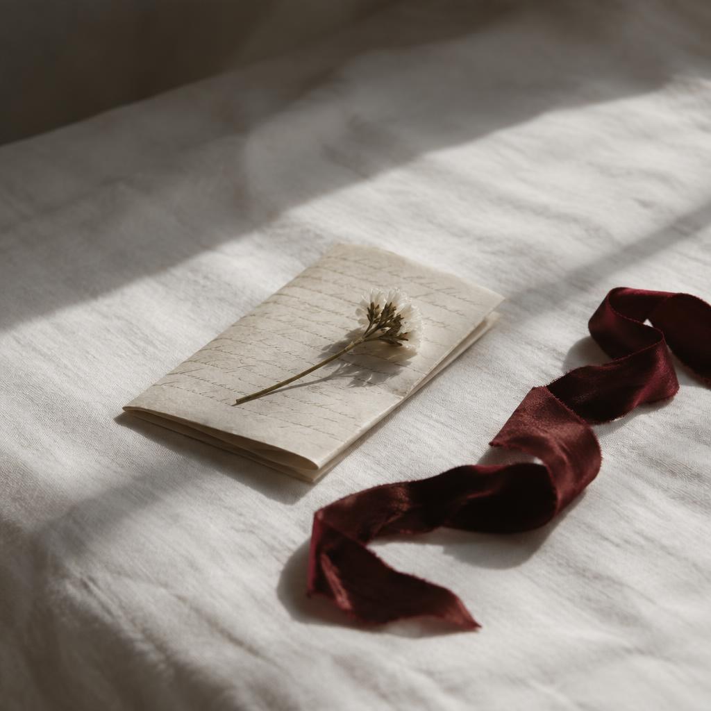 Una carta y una flor seca sobre lino blanco